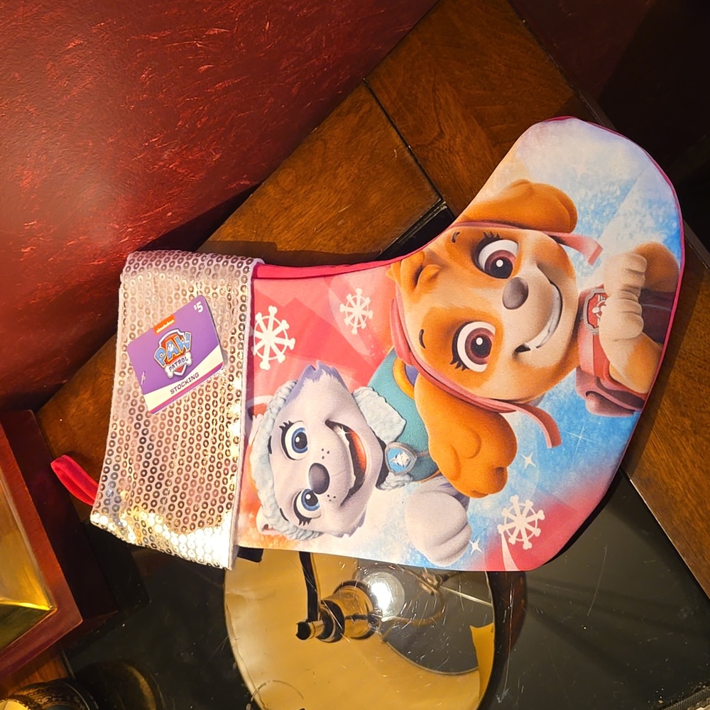 NWT Ruz Paw Patrol Sky/Chase Christmas Stocking Pink Sequin - approximately 15”